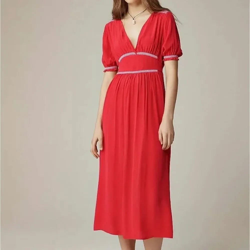 J.CREW 2025 Smocked Trim Midi Dress Crepe de Chine Red 8 M Peasant Boho Feminine